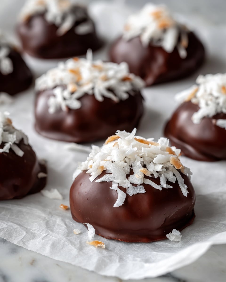 The image shows several chocolate-covered treats placed on white parchment paper over a white marbled surface. Each treat has one smooth, thick layer of shiny dark brown chocolate coating, topped with a small pile of white toasted coconut flakes, creating a nice contrast. The chocolate coating looks smooth but slightly uneven in shape, giving a homemade feel. The treats are arranged randomly, with some in sharp focus and others softly blurred in the background. Photo taken with an iphone --ar 4:5 --v 7