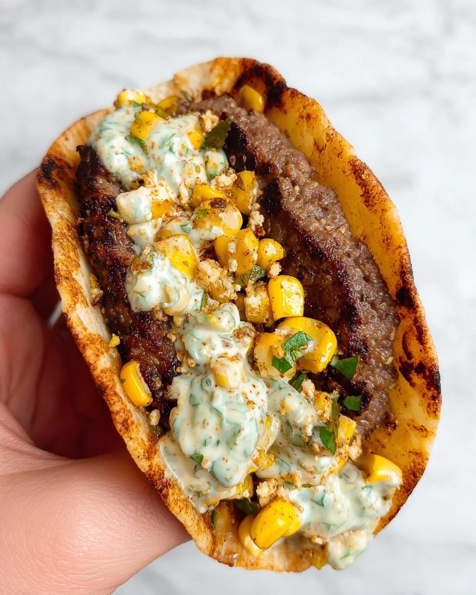 A soft taco held by a woman's hand shows three main layers: the bottom layer is a lightly browned tortilla with a golden color and slightly crispy edges; on top of this, there are two dark brown, grilled beef patties placed on opposite sides; covering the center is a creamy mixture with chunky pieces of yellow corn and green herbs, with the sauce being white and speckled with small green flecks. The sauce has a thick texture and spreads over the corn and meat unevenly. The background is a white marbled surface. Photo taken with an iphone --ar 4:5 --v 7