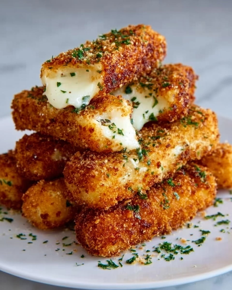 A white plate holds a stack of five mozzarella sticks, each coated with a crispy, golden-brown crumb layer that looks crunchy and well-fried. The mozzarella inside is melted and gooey, oozing slightly from the torn edges of a few sticks. The top mozzarella stick is broken, showing its soft, white cheese center. The sticks are sprinkled with finely chopped green herbs, adding a fresh touch of color. The plate sits on a white marbled surface. photo taken with an iphone --ar 4:5 --v 7