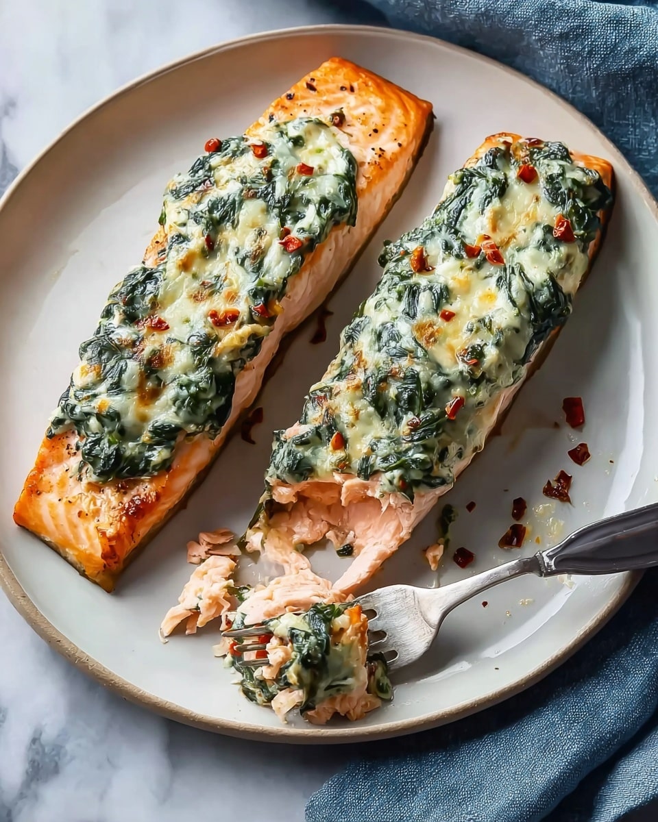 Two pieces of cooked salmon fillets lie on a white plate, each topped with a creamy spinach and cheese mixture. The base layer is the light orange-pink salmon with a smooth texture and slight grill marks. On top, there is a thick creamy topping with dark green spinach leaves mixed into a white cheese cream, browned in spots with hints of melted golden cheese. Small bits of red pepper are scattered throughout the topping for color contrast. A fork with a chunk of salmon rests on the side of the plate, with flakes of fish around it. The setting is on a white marbled surface with a blue cloth partially under the plate. photo taken with an iphone --ar 4:5 --v 7