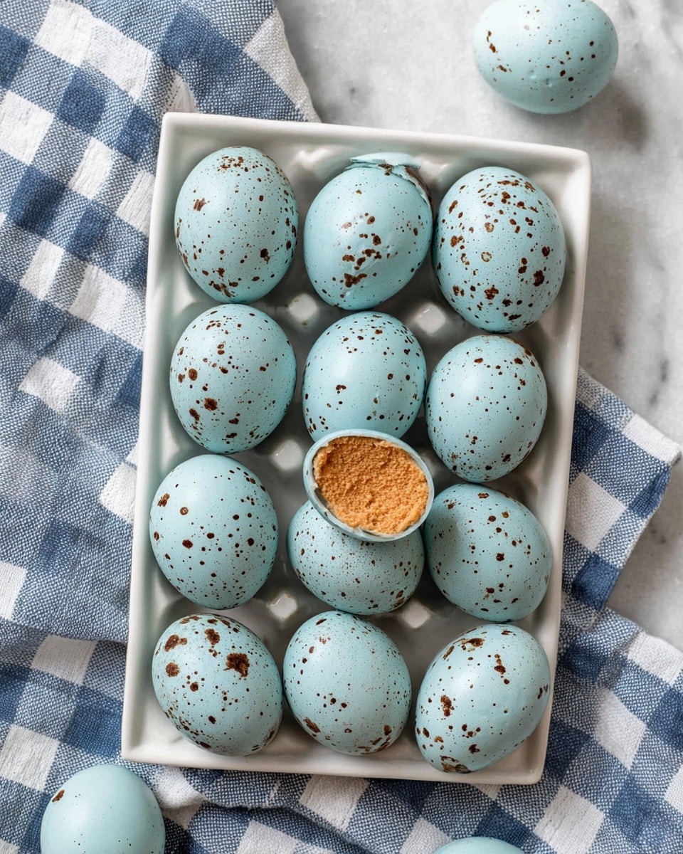 The image shows a white egg carton filled with twelve blue-green eggs that have small brown speckles. One egg is cracked open, revealing an orange yolk inside. The carton is placed on a white marbled surface covered partially by a blue and white checkered cloth on the sides. The eggs are arranged in neat rows, with their smooth, slightly shiny shells showing natural textures. Photo taken with an iphone --ar 4:5 --v 7