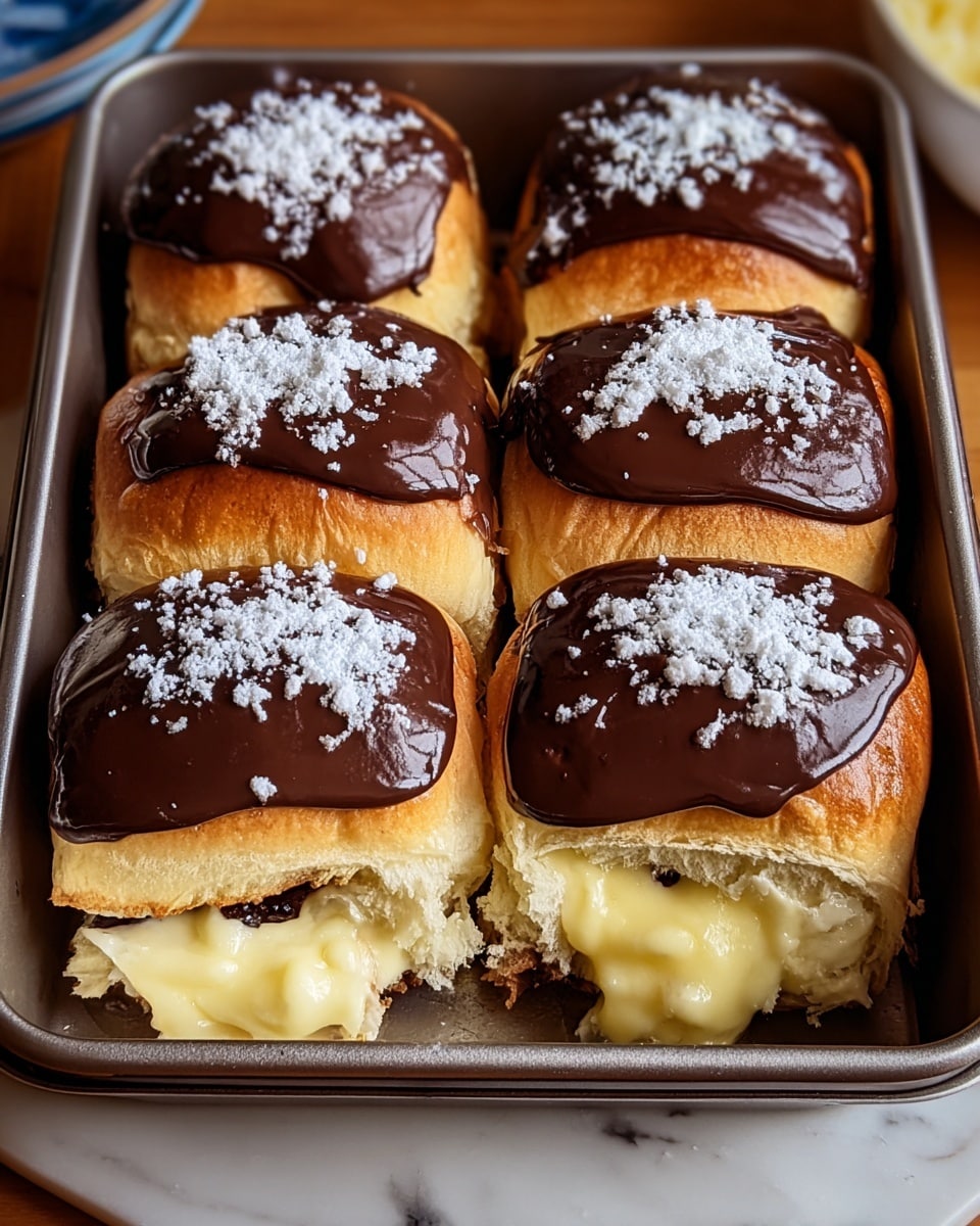 The image shows six soft, fluffy buns arranged in two rows of three inside a metal baking pan. Each bun is topped with a thick, smooth layer of shiny dark chocolate glaze that drips slightly over the golden-brown edges. On top of the glaze, a sprinkle of white powdered sugar adds contrast and texture. The buns are sliced open to reveal a creamy, pale yellow custard filling that oozes from between the soft bread layers. The pan sits on a white marbled surface, and the overall look is warm and inviting. photo taken with an iphone --ar 4:5 --v 7