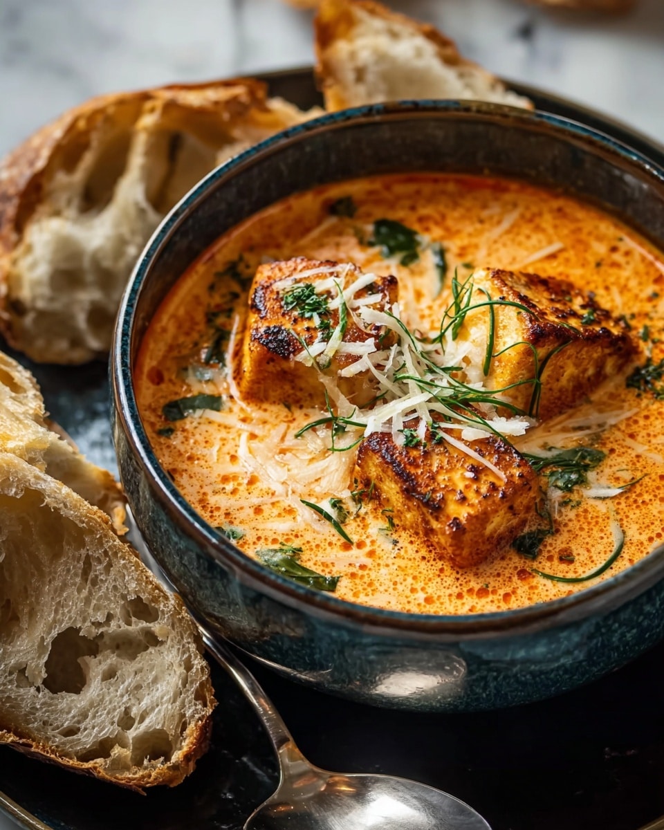 A close-up of a dark ceramic bowl filled with three large pieces of grilled, golden-brown tofu placed in a creamy orange soup, garnished with thin, torn green herbs and white shredded cheese scattered on top, sitting on a dark plate with a silver spoon beside it. Next to the plate are pieces of crusty, golden-brown bread with a soft, airy inside, all on a white marbled textured surface. photo taken with an iphone --ar 4:5 --v 7