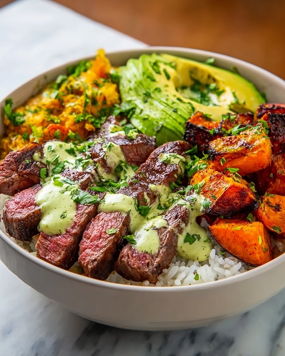 A white bowl filled with a base layer of white rice, topped with four different sections: the first section has slices of medium-rare steak with a grilled brown crust and pink interior, drizzled with a creamy green sauce and sprinkled with chopped green herbs; next to it, slices of fresh avocado with a bright yellow-green color, also covered in the same green sauce and herbs; the third section shows roasted sweet potatoes with a vibrant orange color and slightly charred edges, garnished with chopped herbs; finally, another roasted vegetable, possibly carrots or squash, with a deep orange color and char marks, also topped with the creamy green sauce and herbs. The bowl is set on a white marbled surface with a blurred background. photo taken with an iphone --ar 4:5 --v 7