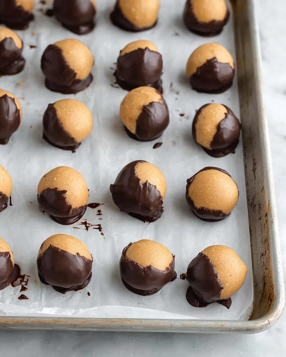 The image shows a group of round peanut butter balls, each half coated in dark chocolate. The top half of each ball is a smooth, light brown peanut butter layer with a slightly crumbly texture, sprinkled with small flakes of white sea salt. The bottom half is covered in a shiny, dark brown chocolate layer. One peanut butter ball is bitten to reveal a soft, dense, and crumbly interior with a warm golden hue. They are placed on a simple white plate, all resting on a white marbled surface with a soft white cloth nearby. Photo taken with an iphone --ar 4:5 --v 7
