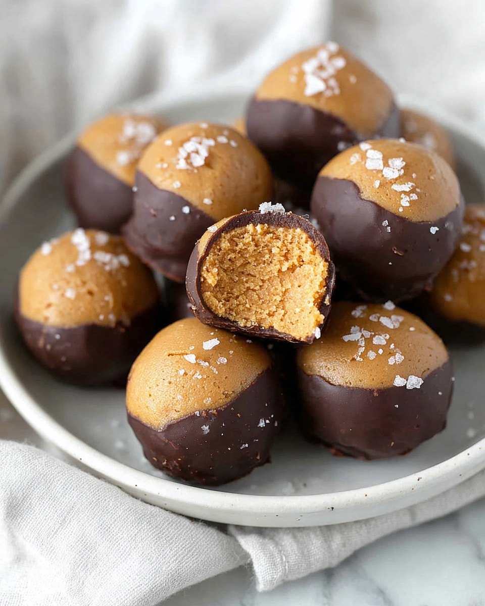 A metal baking tray lined with white parchment paper holds twenty round peanut butter balls partially dipped in dark chocolate. Each ball has a smooth, tan peanut butter top layer and a shiny, dark brown chocolate-coated bottom half. The chocolate layer forms an uneven edge where it meets the peanut butter, with some drips and small spots of chocolate scattered on the parchment. The peanut butter layer has a slight matte finish with small cracks and a soft texture visible. The image's surface is a white marbled texture. photo taken with an iphone --ar 4:5 --v 7