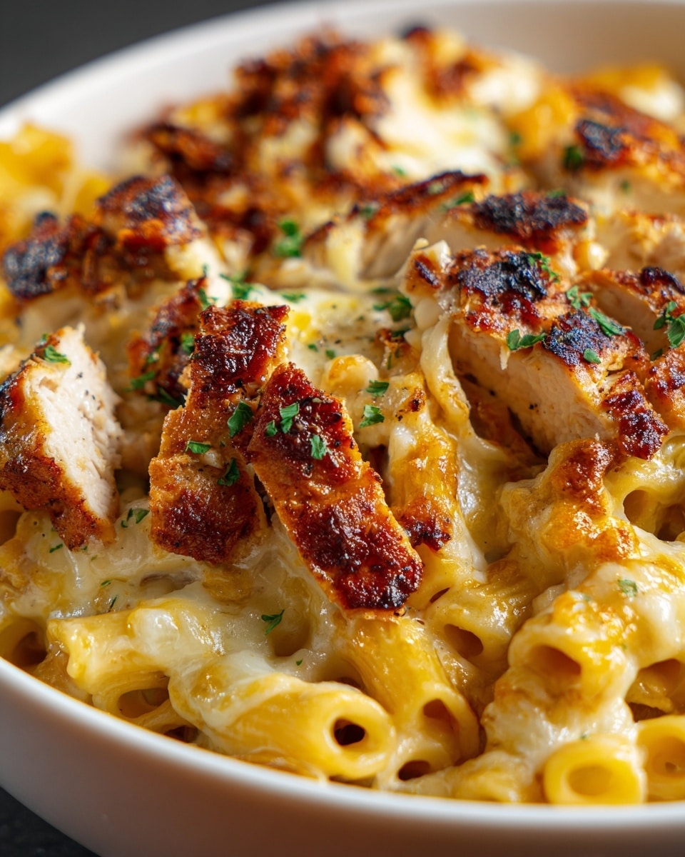 A close-up view of a creamy baked pasta dish in a white bowl, showing a mix of tubular pasta coated in rich, melted cheese sauce forming the first layer. On top, thick slices of grilled chicken with a golden brown and slightly charred texture are scattered, with some parts more browned than others. The whole dish is sprinkled with small green herb leaves, adding a fresh contrast to the warm colors of the cheese and chicken. The overall look is warm and inviting with gooey cheese and juicy chicken pieces visible. photo taken with an iphone --ar 4:5 --v 7