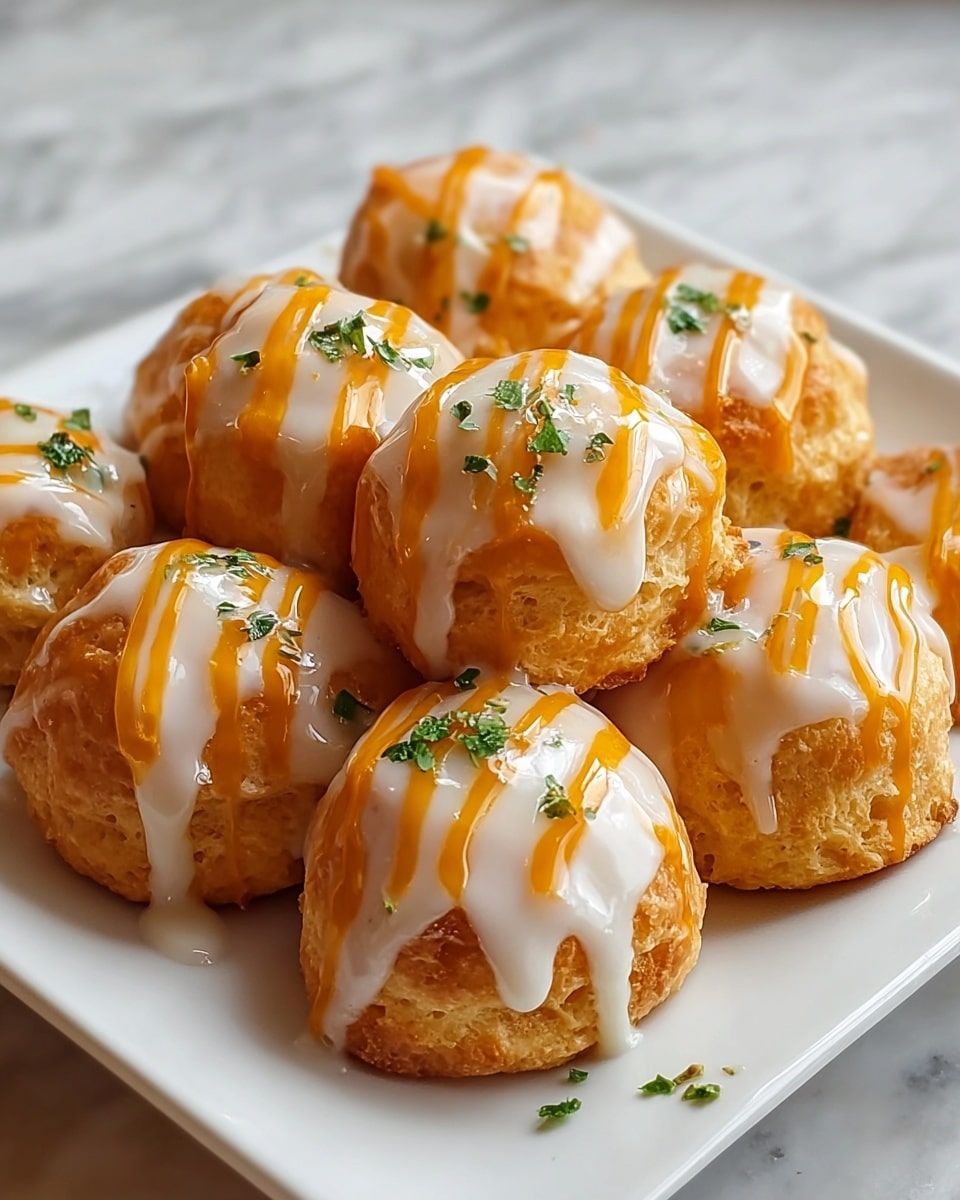 The image shows nine small, round biscuits arranged closely on a white square plate. Each biscuit is golden brown with a rough, crumbly texture on the sides. On top of each biscuit is a layer of smooth, white creamy sauce that drips slightly down the sides. Over this white layer, there are thin, uneven streaks of orange sauce adding a bright pop of color. Small green herb pieces are scattered on top of the sauce on some biscuits and a few on the plate, giving a fresh touch. The plate sits on a white marbled surface. photo taken with an iphone --ar 4:5 --v 7