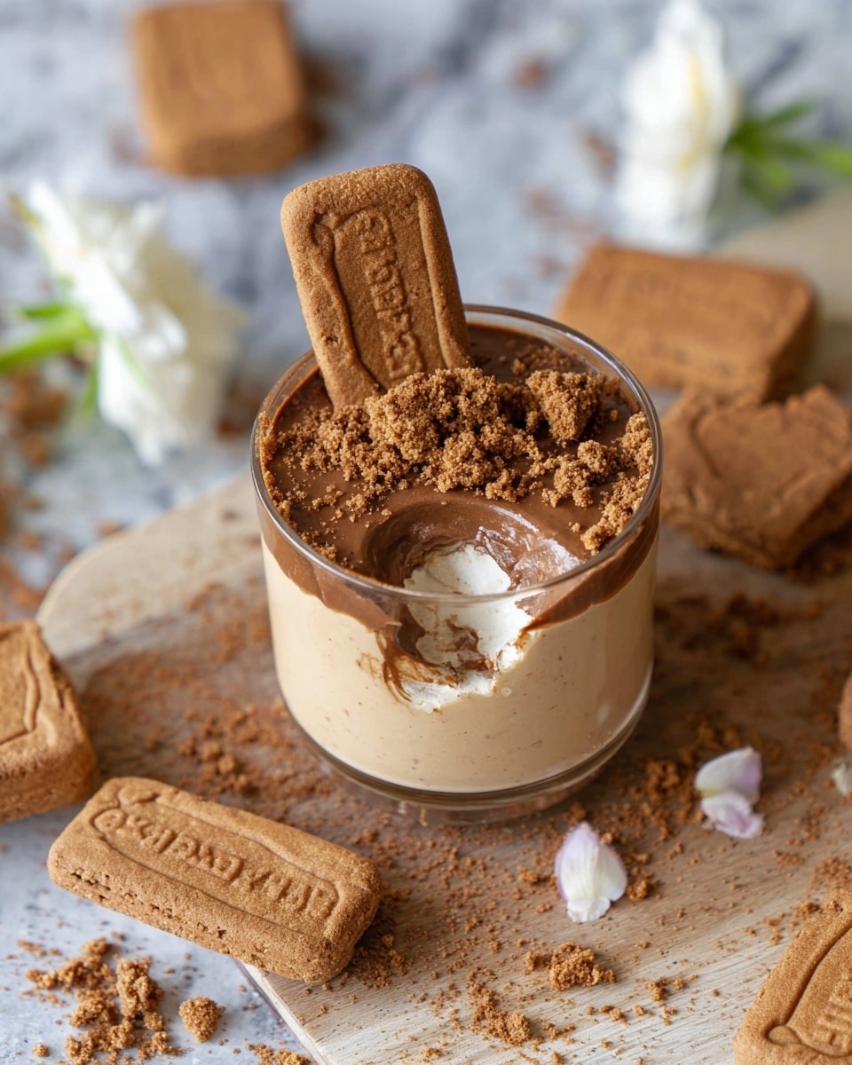 A small glass cup holds a two-layer dessert, with the bottom layer being smooth and light beige cream, and the top layer a thick, shiny, milk chocolate mousse topped with crushed brown cookies scattered unevenly. One whole rectangular brown cookie is standing upright near the edge of the cup on the chocolate layer. There is a bite taken out of the mousse, revealing the creamy layer beneath. The cup is placed on a wooden board with more whole and broken rectangular brown cookies, some crumbs, and a white flower. The background shows a surface with a white marbled texture. photo taken with an iphone --ar 4:5 --v 7