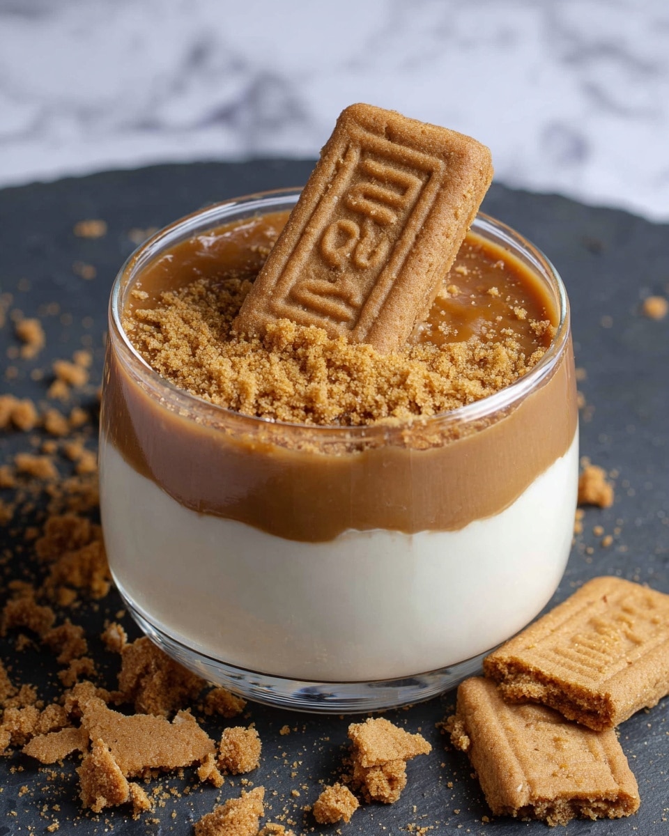 A clear glass holds a dessert with two layers: a thick, smooth white layer at the bottom and a shiny, rich caramel-brown layer on top. The caramel layer is sprinkled with fine, crumbly golden-brown cookie crumbs, and a whole rectangular cookie with embossed lettering is placed upright in the center of the caramel layer. The glass sits on a dark slate surface scattered with broken pieces of the same golden-brown cookie. The background is a white marbled texture. photo taken with an iphone --ar 4:5 --v 7