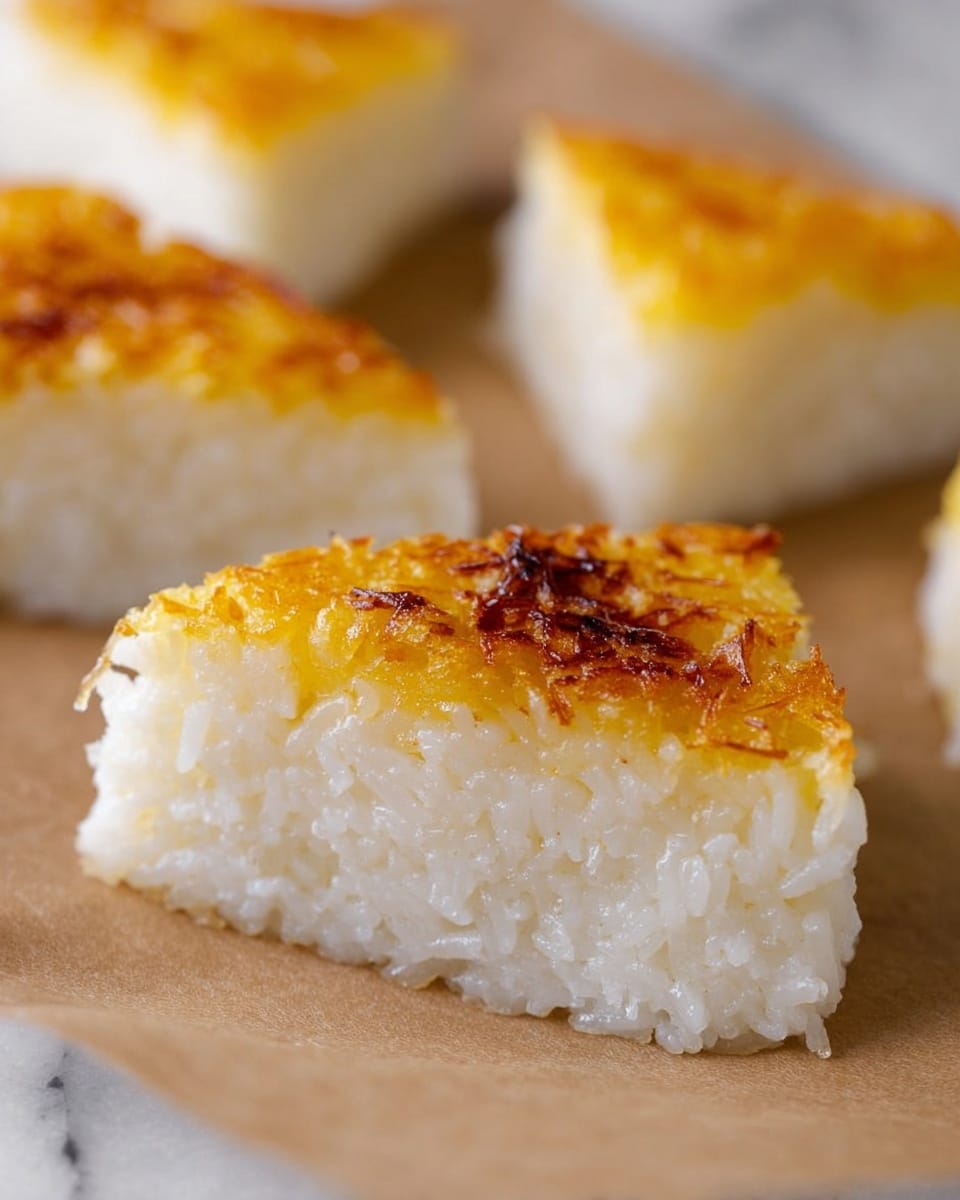 The image shows several slices of a soft, white rice cake with a golden-yellow crust on top. Each slice is triangular with a dense look from shredded rice inside, just under the browned, slightly crispy top layer. The cake sits on brown parchment paper over a white marbled surface, and the focus is mainly on the front slice, with other slices blurred in the background. The texture of the rice is moist and sticky, contrasting with the dry, caramelized top layer. Photo taken with an iphone --ar 4:5 --v 7