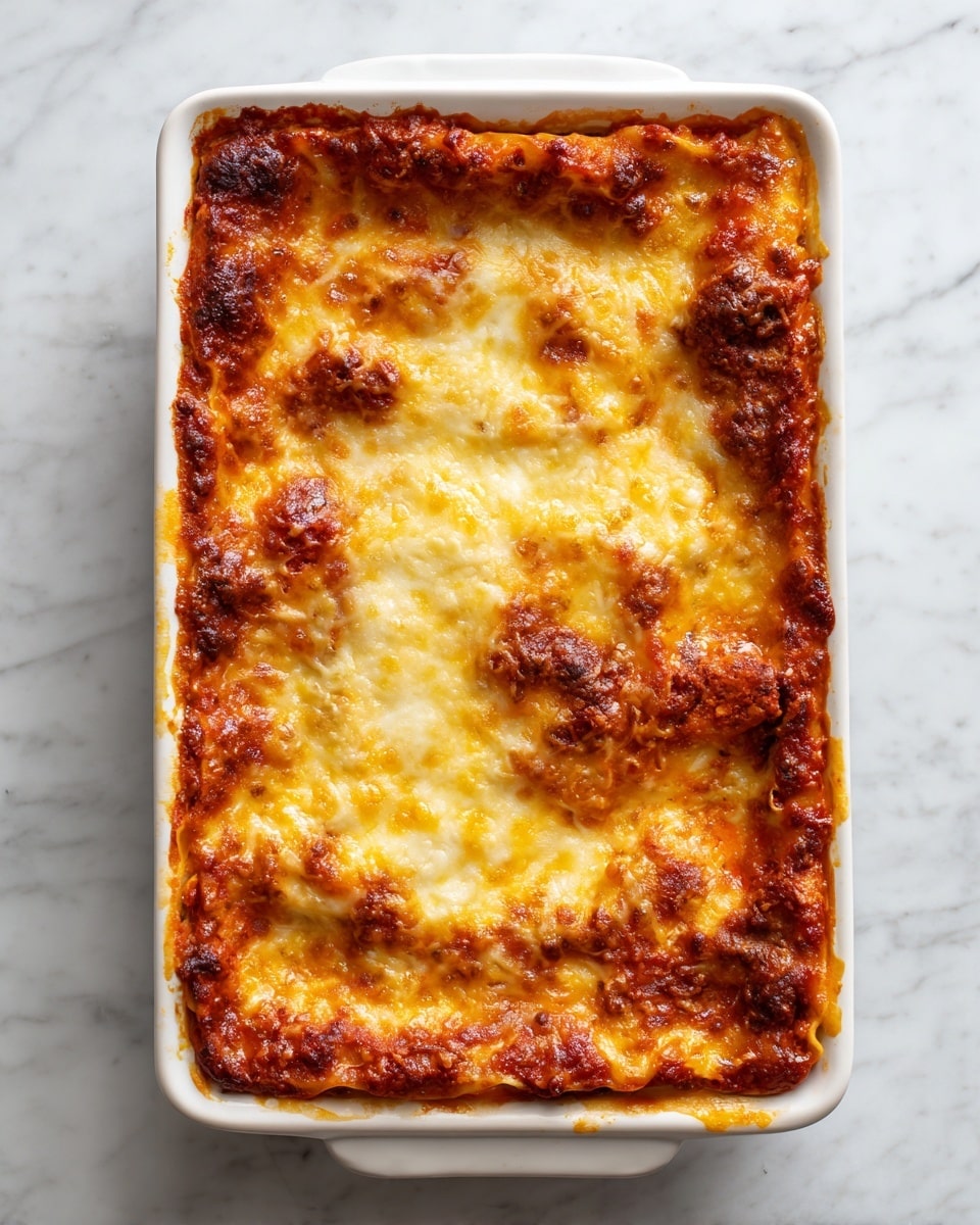 A white rectangular dish holds a baked lasagna with three visible layers. The top layer is covered with melted cheese in yellow and light golden colors, mixed with patches of red tomato sauce that peeks through. The edges show some browning from baking. The cheese has a textured, uneven spread, creating an inviting look. The dish is placed on a white marbled surface, highlighting the warm colors of the lasagna. photo taken with an iphone --ar 4:5 --v 7