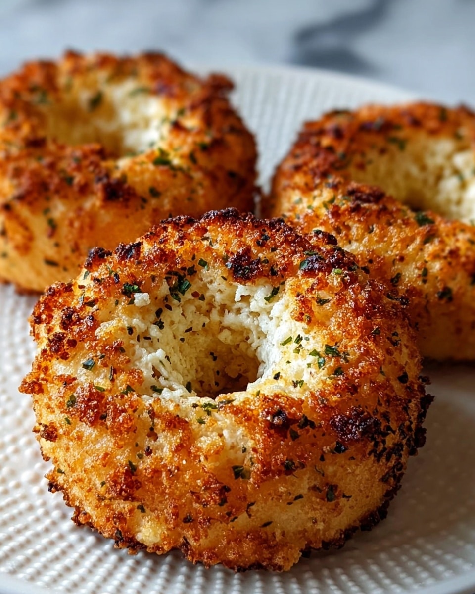 Three round donuts with golden-brown crispy outer layers speckled with small green herb bits sit on a textured white plate. Each donut has a soft, white, and slightly crumbly interior visible through their central holes. The surface appears crunchy with well-toasted spots, showing a contrast between browned and lighter areas. The donuts are arranged close together with two in the background and one prominently in the front center. The background is a white marbled texture. photo taken with an iphone --ar 4:5 --v 7