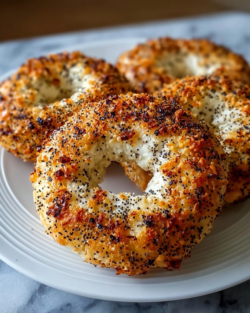 The image shows three round bagels with a crispy, golden-brown crust covered in poppy seeds, placed closely on a white plate with a subtle ridged edge pattern. Each bagel has a textured surface with small browned spots, showing a crunchy and slightly uneven outer layer. The inside part of the bagels looks soft and white, seen through the middle holes. The plate sits on a white marbled surface, with the background softly blurred, highlighting the bagels' detailed texture and warm color. photo taken with an iphone --ar 4:5 --v 7