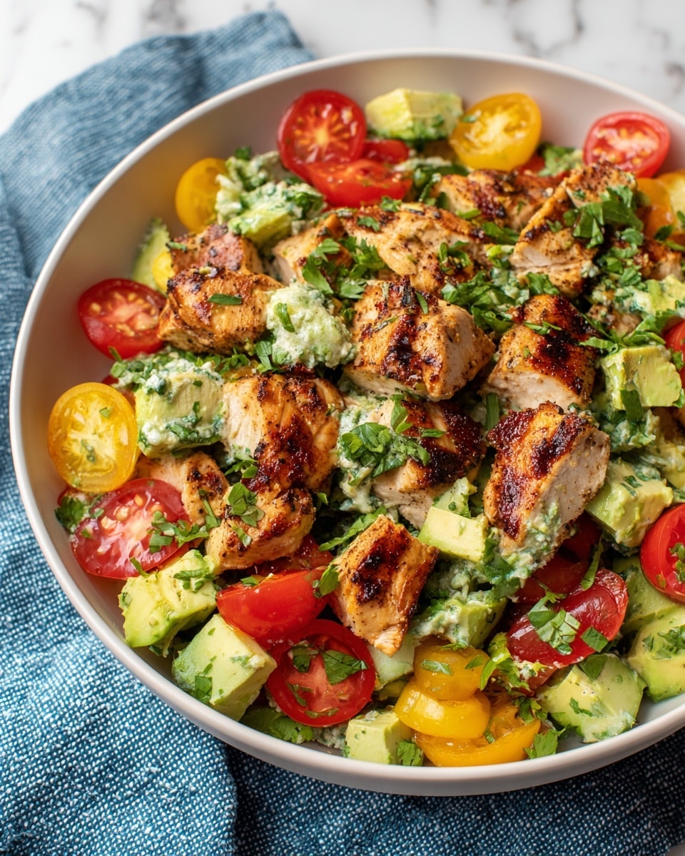A white bowl filled with a colorful salad, showing several layers: large pieces of grilled chicken with a golden-brown char on top, mixed with bright green chunks of avocado, and halves of red and yellow cherry tomatoes scattered throughout. The salad is sprinkled with fresh green herbs, adding a textured leafy layer on top. Some of the avocado looks mashed and mixed with chopped herbs, giving a creamy texture between the firmer pieces. The bowl sits partly on a blue textured cloth, with the rest of the background having a white marbled surface. photo taken with an iphone --ar 4:5 --v 7