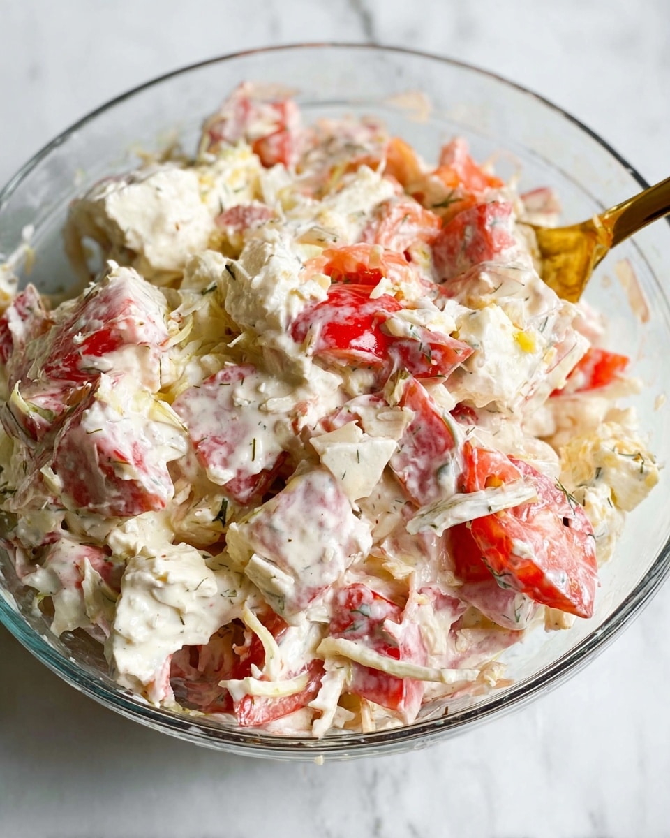 A clear glass bowl filled with a mixed salad showing roughly three main visual layers: chunks of creamy white cheese or cottage cheese scattered throughout, bright red tomato pieces and thin strips of pale white cabbage or a similar vegetable, all coated in a thick, creamy white dressing with visible herbs mixed in, resting on a white marbled surface. A gold spoon is partially inserted into the salad from the upper right side. photo taken with an iphone --ar 4:5 --v 7