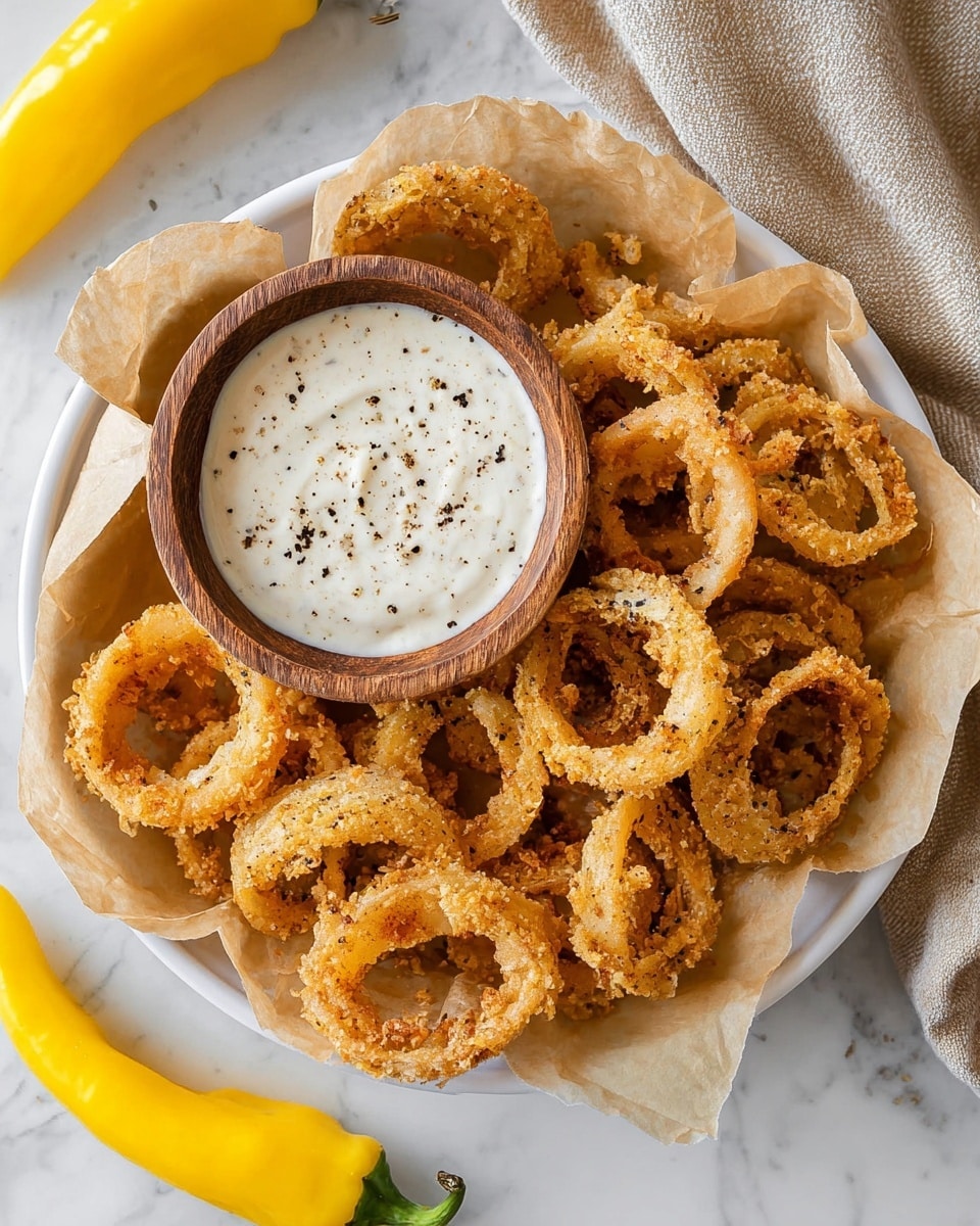 A white plate lined with crinkled light brown paper holds a pile of crispy, golden-brown fried onion rings scattered with black pepper flakes. On the top center of the plate sits a small round wooden bowl filled with a smooth, creamy white dipping sauce flecked with black pepper. Surrounding the plate on a white marbled surface are two bright yellow chili peppers and a soft beige cloth partially visible in the background. The onion rings have a crunchy texture with some edges showing a deeper golden crispiness. photo taken with an iphone --ar 4:5 --v 7