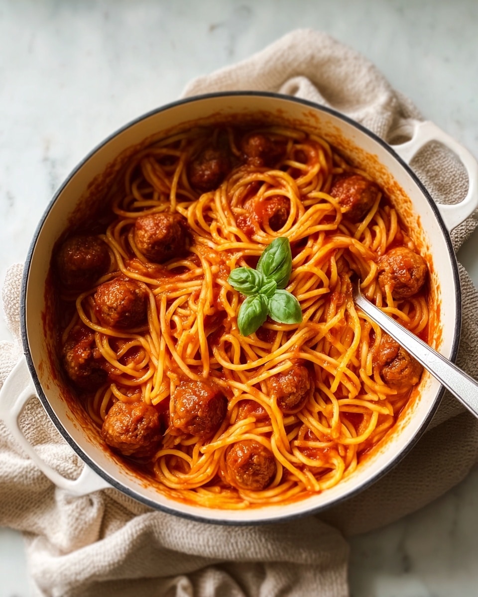 A white pot filled with cooked spaghetti mixed with red tomato sauce covers the bottom layer. On top, small brown meatballs are spread evenly, partially covered in sauce. A single green basil leaf rests centrally on the spaghetti, adding a fresh contrast. A metal fork is placed inside the pot on the right side, slightly buried in the pasta. The pot sits on a soft beige cloth, all set against a white marbled background. photo taken with an iphone --ar 4:5 --v 7