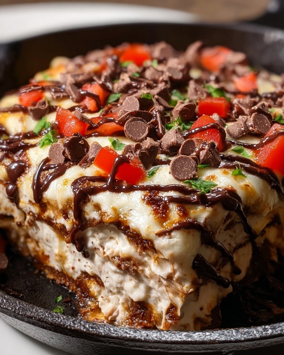A close-up view of a thick layered dish served in a black cast iron pan, with multiple layers visible. The bottom layer is a dark, browned base, followed by a thick, creamy off-white filling with a slightly chunky texture. The top layer is a melted white cheese with light golden brown spots, scattered with small chopped green herbs and red tomato pieces. On top, there are many chocolate chips and small chocolate curls, with drizzles of glossy dark chocolate sauce across the surface. The dish looks rich and textured, showing a mix of savory and sweet elements. Photo taken with an iphone --ar 4:5 --v 7