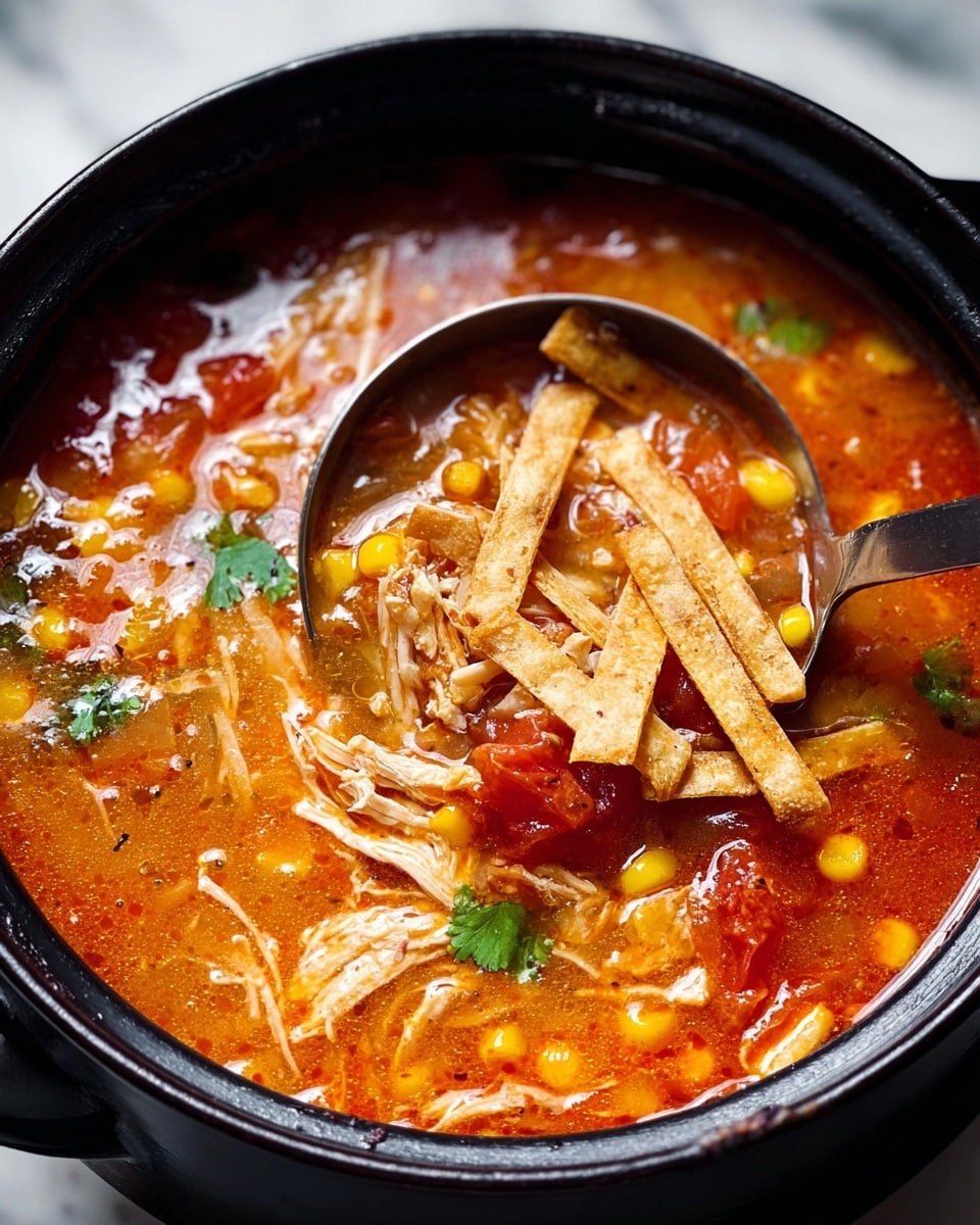 A close-up of a black bowl filled with thick soup showing several layers: a red-orange broth base with visible tomato chunks and scattered yellow corn kernels, white shredded chicken mixed throughout, and crisp, light brown fried tortilla strips layered on top. Small green cilantro leaves float lightly on the surface, adding a fresh contrast. In the center, a metal ladle is scooping up a mix of all these layers, showing the texture of the soup and ingredients clearly. The bowl rests on a white marbled textured surface. photo taken with an iphone --ar 4:5 --v 7