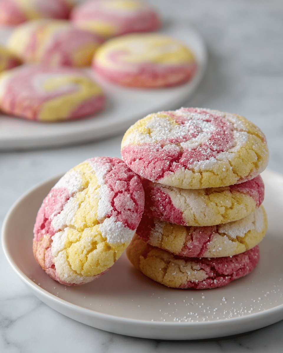 A stack of soft, round cookies with a marbled pattern of pink, yellow, and light cream colors are placed on a white plate. The cookies show a cracked texture on the surface and are sprinkled with a fine layer of white powdered sugar, giving them a delicate dusting. The cookies are thick and appear soft in the center, with the swirl of colors blending smoothly together. In the background, more cookies sit on a white plate on a white marbled surface. photo taken with an iphone --ar 4:5 --v 7