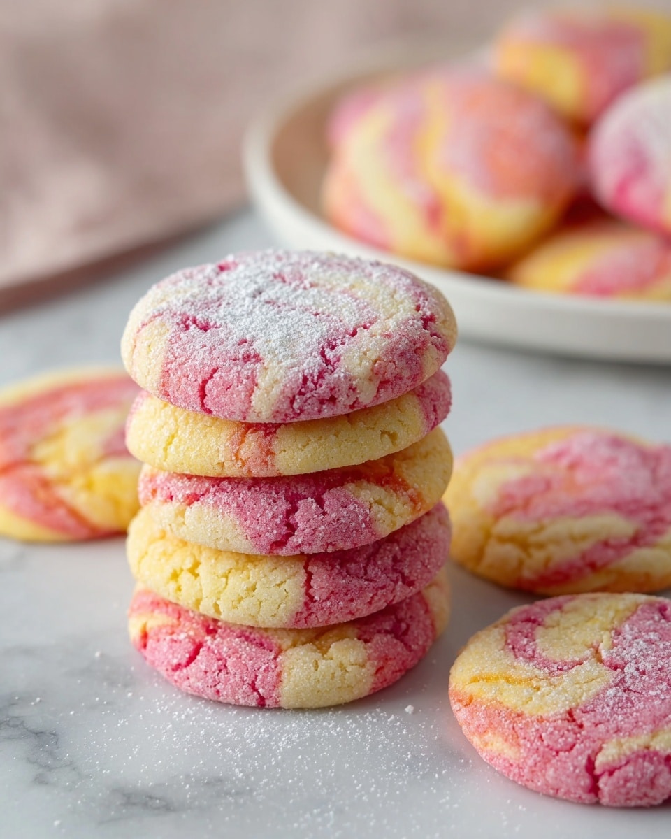 A stack of six round, soft cookies sits on a white marbled surface, each cookie showing a marbled pattern of pink and yellow swirls with a slightly cracked texture. The top cookie is dusted with a light layer of white powdered sugar, adding a delicate contrast to the vibrant colors. Around the stack, four more cookies lie flat, displaying the same pink and yellow swirled colors and powdered sugar dusting. In the background, a white plate with additional cookies sits out of focus, set on a white marbled surface. The overall look is soft and inviting with pastel shades and a cozy baked texture. photo taken with an iphone --ar 4:5 --v 7
