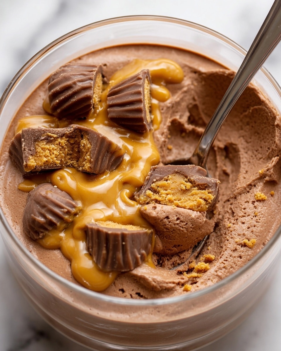 A close-up view of a creamy chocolate mousse served inside a clear glass bowl. The mousse has a smooth, rich brown texture forming the base layer. On top, there is a drizzle of golden peanut butter with a thick and shiny texture, slightly swirled into the mousse. Scattered across the peanut butter and mousse are whole and halved milk chocolate peanut butter cups, showing a crumbly peanut butter filling inside. A silver spoon is partially placed inside the mousse on the right side of the bowl. The bowl is resting on a white marbled surface. Photo taken with an iphone --ar 4:5 --v 7