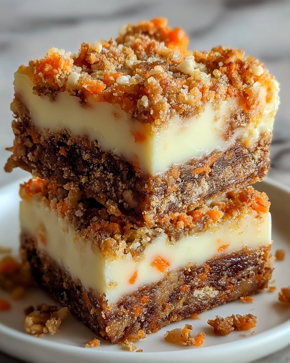 The image shows two stacked square pieces of carrot cake bars on a white plate, placed on a white marbled surface. Each bar has three visible layers: the bottom layer is a dense, dark brown carrot cake with visible bits of carrot and nuts, the middle layer is a thick, creamy off-white frosting with some small orange carrot bits mixed in, and the top layer is a crumbly, golden-brown streusel topping with larger sugar crystals and small bits of carrot. The texture of the cake looks moist, the frosting is smooth and creamy, and the streusel topping is crunchy, with some crumbs scattered around the plate. Photo taken with an iphone --ar 4:5 --v 7