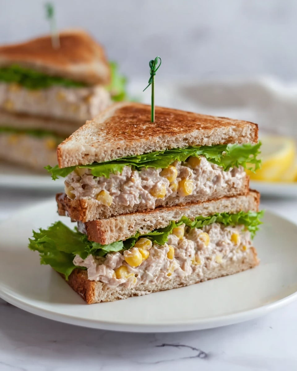 A toasted sandwich cut into two triangular pieces is stacked on a white plate. It has three layers of light brown toasted bread with a crispy texture. Between the bread layers, there is a thick filling of tuna salad mixed with corn kernels, giving a creamy pale pink color with yellow spots. Fresh, green leafy lettuce is tucked beneath the filling on both layers. A small green-tipped toothpick stands upright through the sandwich center, holding it together. The background shows another sandwich on a white plate against a white marbled surface. Photo taken with an iphone --ar 4:5 --v 7