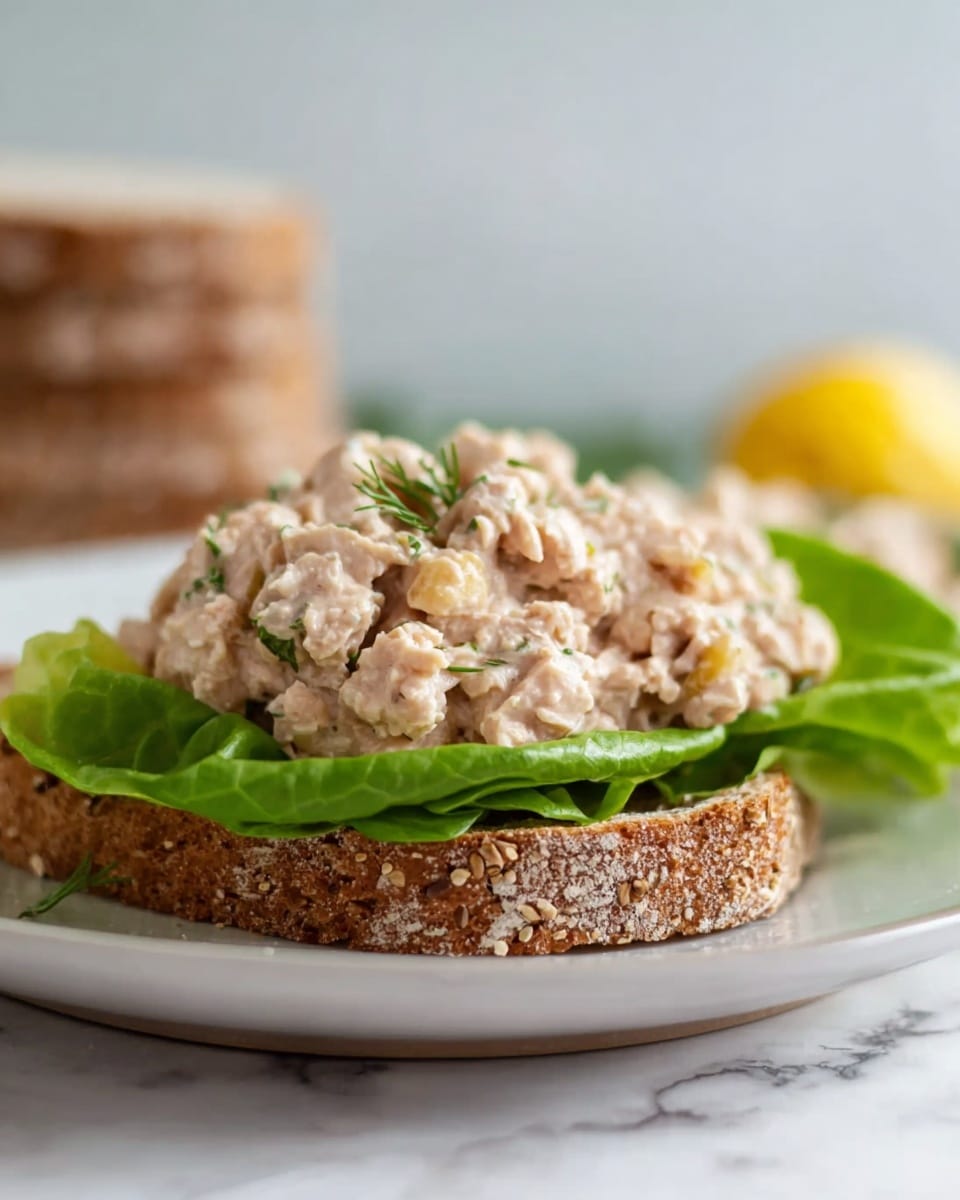 A close-up image of an open-faced sandwich on a white plate with a white marbled texture surface. The bottom layer is a thick slice of whole-grain bread with visible seeds and a rough texture. On top of it, there is a fresh green leaf of lettuce, slightly ruffled at the edges. The main layer consists of a generous heap of tuna salad, creamy and chunky with a light beige color and small bits of herbs sprinkled throughout. In the background, slightly blurred, there is a stack of similar bread slices and a small wedge of yellow lemon. photo taken with an iphone --ar 4:5 --v 7