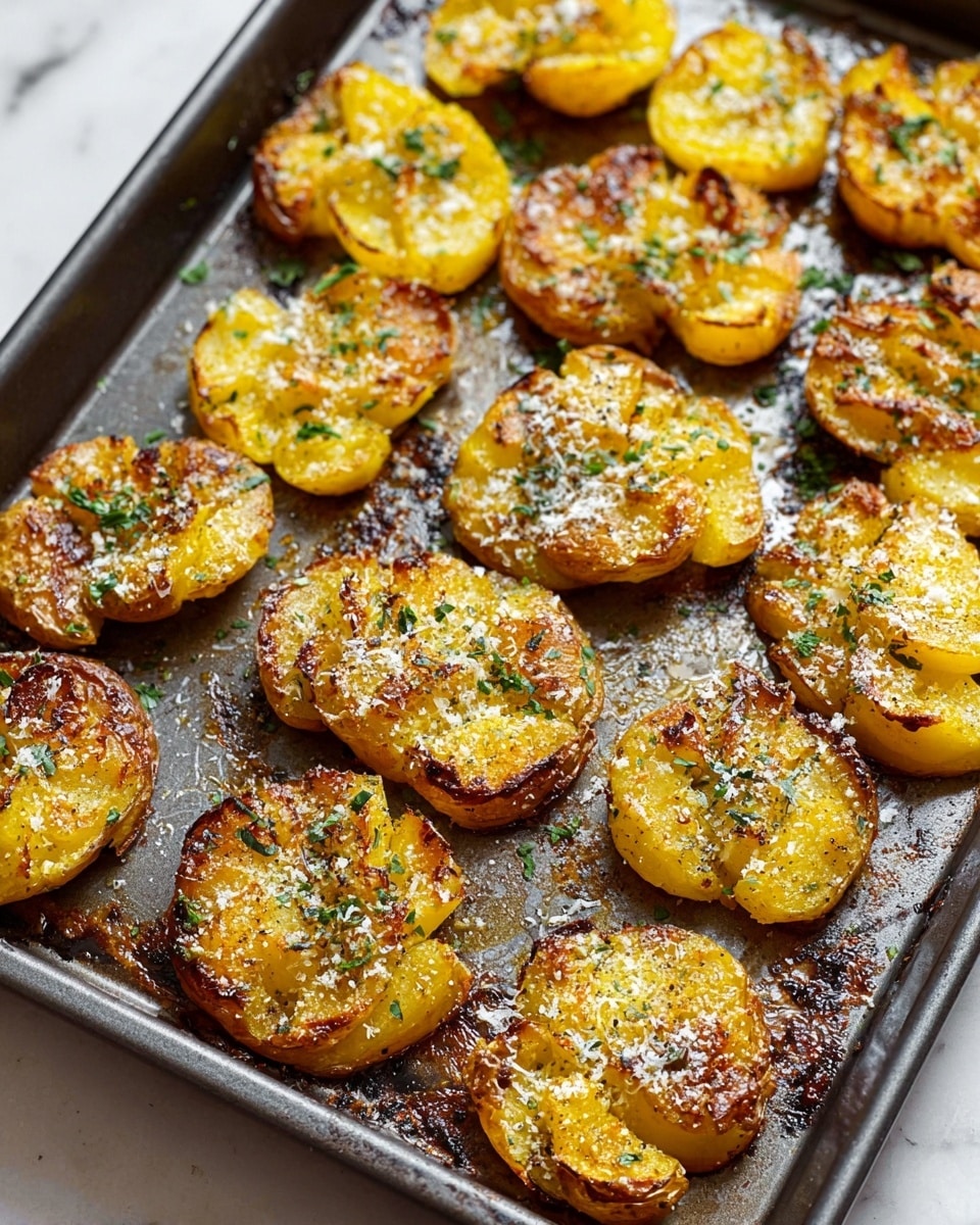 The image shows a baking tray filled with about sixteen smashed roasted potatoes. Each potato is roughly round but flattened with a golden-yellow color and browned crispy edges, giving them a crunchy look. The tops of the potatoes are sprinkled with small green herb bits and grated white cheese, adding texture and color contrast. The tray sits on a white marbled surface with some oil and seasoning marks around the potatoes, making the scene look warm and ready to eat. photo taken with an iphone --ar 4:5 --v 7