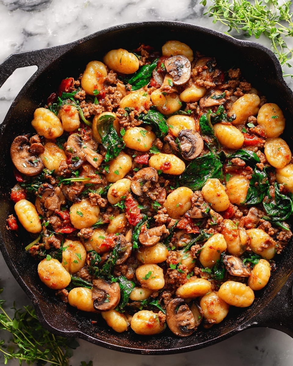 A close-up view of a black cast iron skillet filled with cooked gnocchi, browned mushroom slices, crumbled sausage pieces, wilted spinach, and small bits of tomato, all mixed together with fresh green herbs scattered on top. The gnocchi are plump and golden, while the mushrooms have a rich brown sear. The spinach adds deep green color, and the sausage reveals a browned texture. The dish is set on a white marbled surface with some green herb sprigs nearby. Photo taken with an iphone --ar 4:5 --v 7