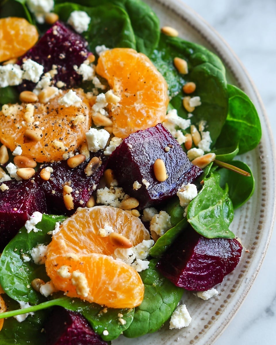 A close-up view of a fresh salad in a white plate with a textured rim, placed on a white marbled surface. The salad has three main layers: a base of bright green spinach leaves with visible veins, scattered roasted beet cubes in dark purple with a glossy texture, and whole peeled mandarin orange segments in a vibrant orange color. Small white crumbled cheese pieces and toasted pine nuts with a golden brown color are sprinkled evenly on top. The salad is lightly seasoned with cracked black pepper, adding small black specks throughout. Photo taken with an iphone --ar 4:5 --v 7