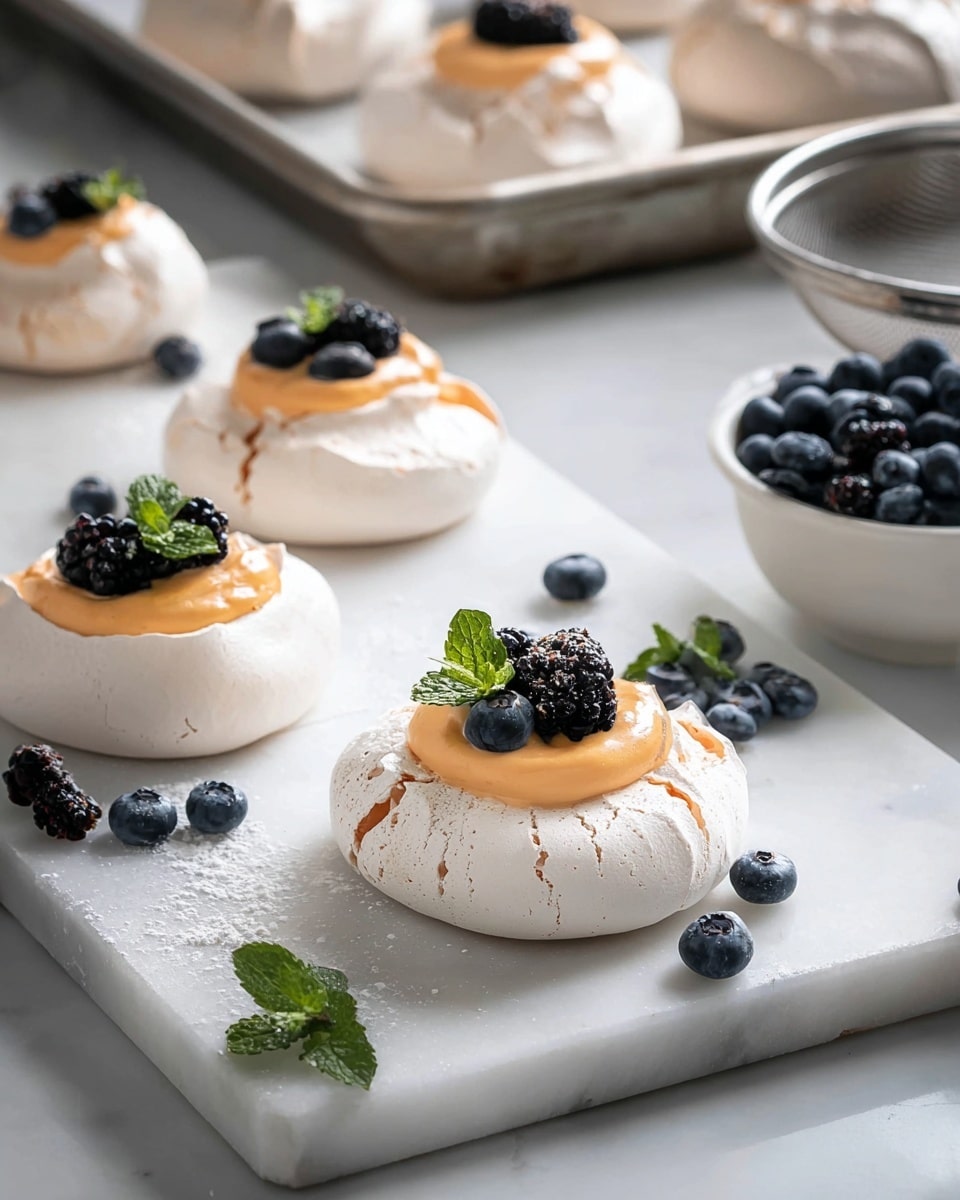The image shows several small pavlova nests on a white marbled surface. Each pavlova has one thick, rounded white meringue base with a slightly cracked texture. On top of each base, there is a smooth, light orange cream layer filling the center cavity. The cream is topped with a few fresh dark blueberries and blackberries, along with small green mint leaves for decoration. Loose blueberries, blackberries, and mint leaves are scattered around the surface. In the background, there is a metal baking tray holding more pavlova nests. A white bowl filled with blueberries is placed on the right side along with a metal sieve. photo taken with an iphone --ar 4:5 --v 7
