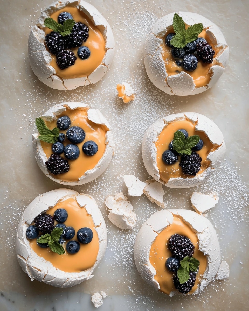 Six white round meringue nests are placed on a white marbled texture surface. Each nest has a cracked or smooth outer shell with a hollow center filled with light orange creamy sauce. On top of the sauce, there are dark purple blackberries and small dark blue blueberries arranged in clusters. A small green mint leaf decorates each nest. Powdered sugar is sprinkled over the meringues and the surface around them. Some meringues are slightly broken with pieces scattered nearby. photo taken with an iphone --ar 4:5 --v 7