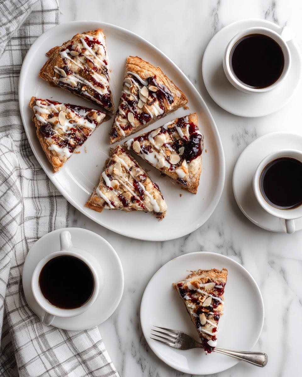 The image shows a rectangular pastry cut into five slices, each with a flaky, golden-brown crust. The top layer has white icing drizzled across the surface. Inside, there are two main layers: a creamy yellow custard on one side and a dark red berry jam on the other side, both smooth and glossy. Scattered on top are sliced almonds adding texture and contrast. The pastry rests on crumpled light parchment paper over a white marbled surface, with some almond pieces scattered around. photo taken with an iphone --ar 4:5 --v 7