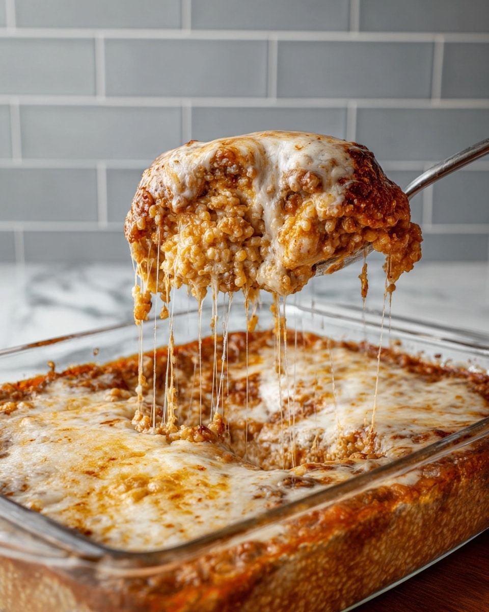 A large metal spoon lifts a scoop of a baked dish from a clear glass casserole pan, showing three main layers: the top layer is golden brown and crispy with melted cheese stretching down in thin strands; beneath it, a creamy white melted cheese layer blends with the rich reddish-brown sauce; at the bottom is a thick layer of cooked grains or rice mixed with sauce, visible through the melted cheese. The background has light grey subway tiles and a white marbled surface. Photo taken with an iphone --ar 4:5 --v 7