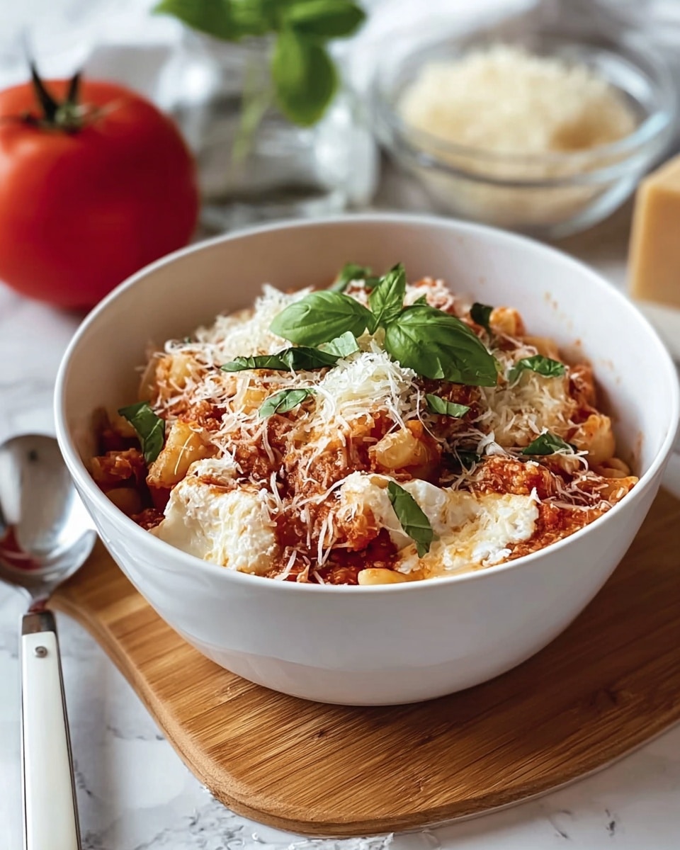 A white bowl contains a layered pasta dish with about three visible layers: the bottom layer is a soft, chunky red tomato sauce mixed with small cubes of cooked pasta, the middle layer shows creamy, slightly browned ricotta cheese, and the top layer is a scattering of white cheese shavings with fresh green basil leaves for garnish. The bowl sits on a wooden board, next to a spoon with a white handle, on a white marbled surface. In the background, a whole red tomato and a small glass bowl with white cheese add to the scene, creating a warm and fresh look. Photo taken with an iphone --ar 4:5 --v 7