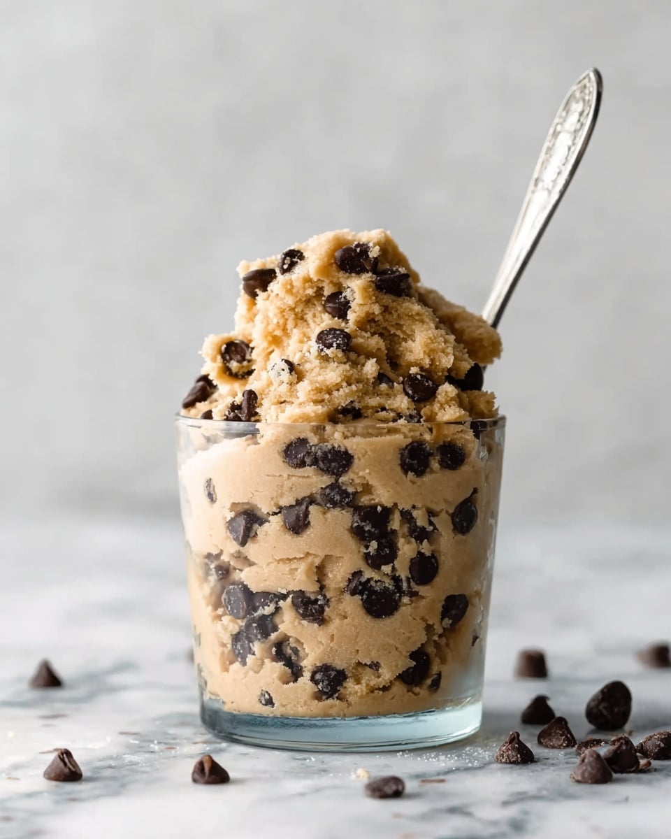 A clear glass cup is filled with a thick mixture of raw cookie dough, with three visible layers of light brown dough mixed with plentiful large dark chocolate chips spread evenly throughout. The dough is slightly coarse in texture and is heaped high above the rim in a rounded peak. A silver spoon is placed inside the cup at the back, sticking out at an angle. The background and surface are a white marbled texture, and some chocolate chips are scattered in the foreground. Photo taken with an iphone --ar 4:5 --v 7