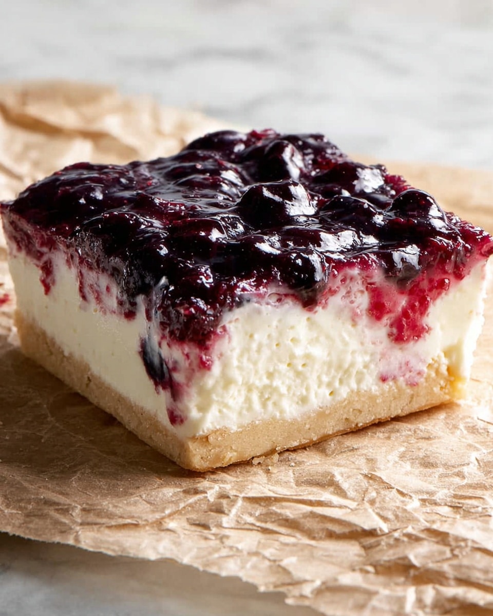 A square dessert bar is shown with three layers, placed on crinkled parchment paper over a white marbled surface. The bottom layer is a light tan, dense-looking crust. Above it is a thick middle layer of creamy white filling with a smooth texture and soft air pockets. The top layer is a glossy deep purple berry sauce with visible whole berries and a slightly chunky texture, spreading unevenly and melding into the white filling in some spots. Photo taken with an iphone --ar 4:5 --v 7