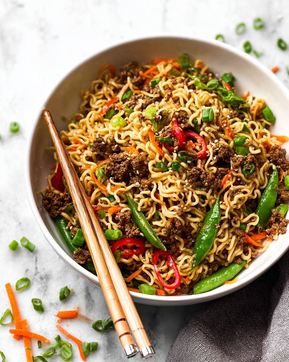 A white bowl filled with a mixed noodle dish that has three main layers: the base layer of light brown cooked noodles twisted and tangled, the middle layer with small dark brown minced meat pieces scattered evenly, and the top layer of colorful vegetables including bright green snap peas, red chili slices, orange carrot bits, and chopped green onions sprinkled throughout, adding pops of color and texture. A pair of wooden chopsticks with silver tips rests inside the bowl, ready to pick up the food. The bowl is placed on a white marbled surface with small bits of shredded carrot and green onions around it, creating a fresh and inviting look. photo taken with an iphone --ar 4:5 --v 7