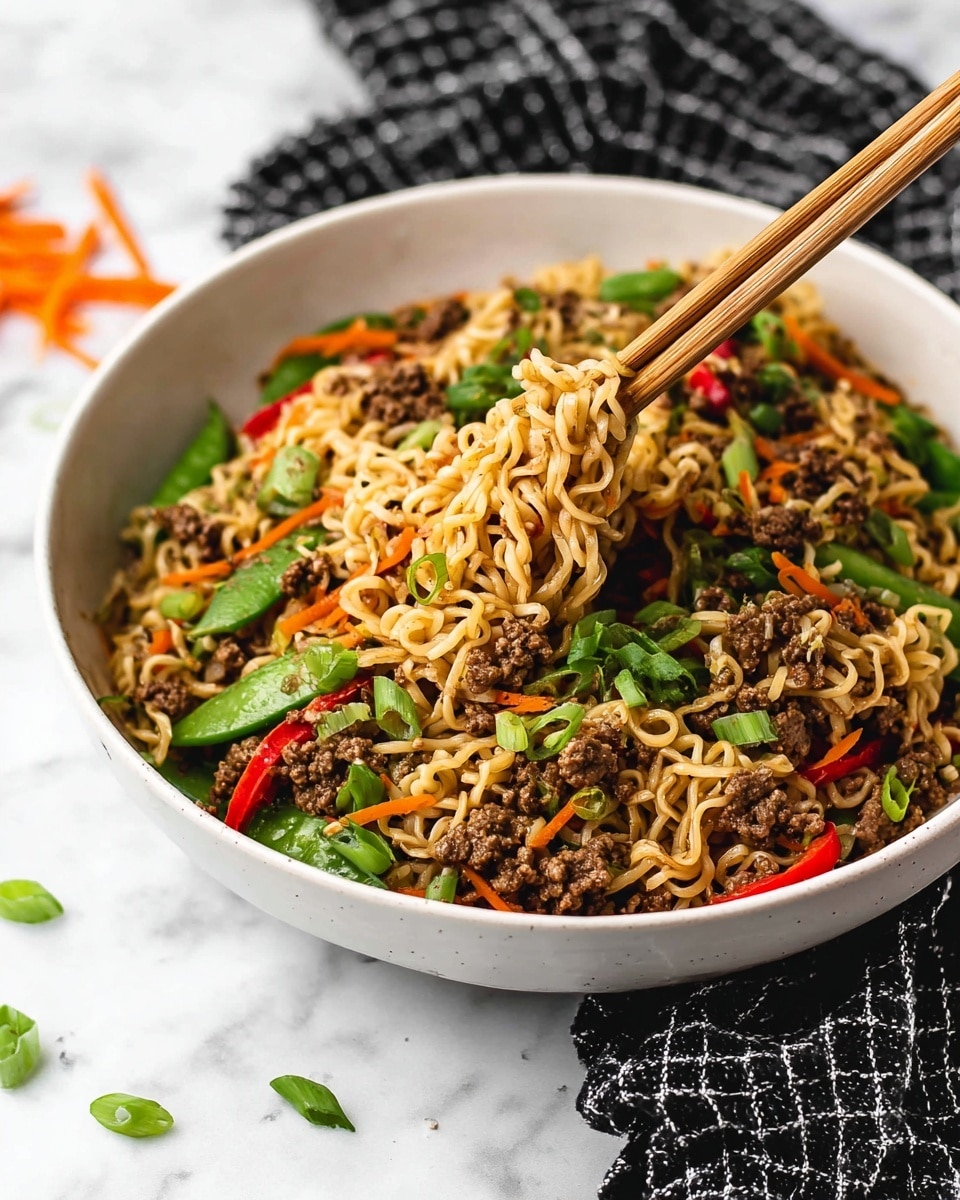 A white bowl filled with three layers of food: the base layer is light brown cooked noodles, the middle layer contains small pieces of cooked ground meat in dark brown, and the top layer has mixed bright green snap peas, red bell pepper slices, small orange carrot shreds, and finely chopped green onions scattered evenly. Two light brown wooden chopsticks rest inside the bowl, lifting some of the noodles. The bowl sits on a white marbled surface with a black and white checkered cloth in the background and some carrot shreds scattered around. photo taken with an iphone --ar 4:5 --v 7
