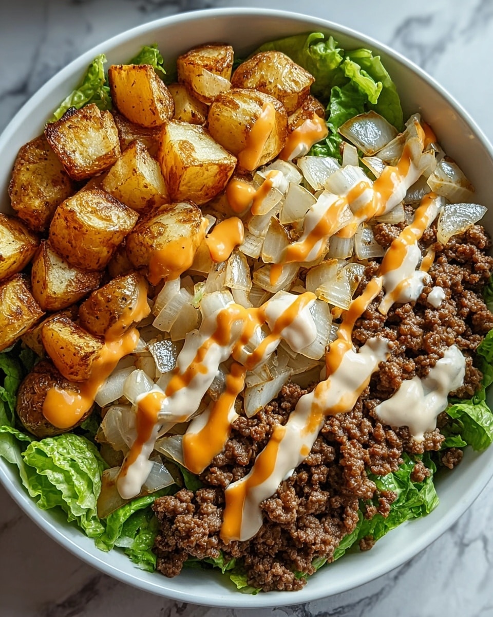 A bowl filled with four main layers starting with a base of bright green fresh lettuce at the bottom, covered partially with seasoned, golden-brown roasted potato chunks on one side, and cooked ground beef that looks juicy and crumbly on the other side. In the middle layer, there are sautéed translucent white onion slices spread generously across the bowl. The top layer is drizzled with two kinds of sauces—one a smooth creamy white, and the other a vibrant orange, both flowing over the onions and beef, adding a glossy finish. The bowl itself is white, resting on a white marbled textured surface. Photo taken with an iphone --ar 4:5 --v 7