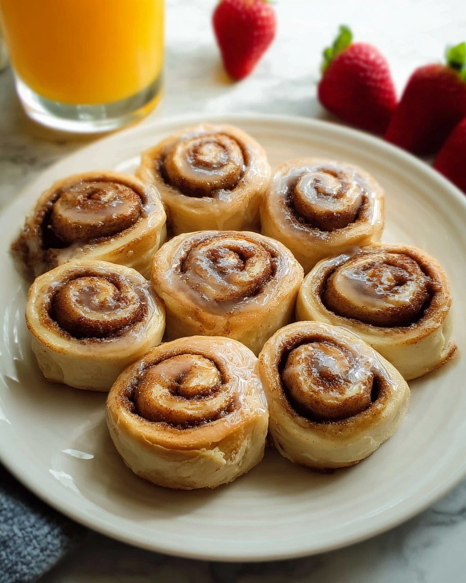 Seven cinnamon rolls are placed in a round white plate with a swirl pattern on its surface. Each roll has a light golden outer layer with a soft doughy texture and is tightly rolled showing dark brown cinnamon filling spiraled inside. Some rolls have a light glaze on top, giving a slight shine and a hint of sugary coating. The plate is set on a white marbled surface with fresh bright red strawberries to the left and a blurred glass of orange juice in the background. photo taken with an iphone --ar 4:5 --v 7