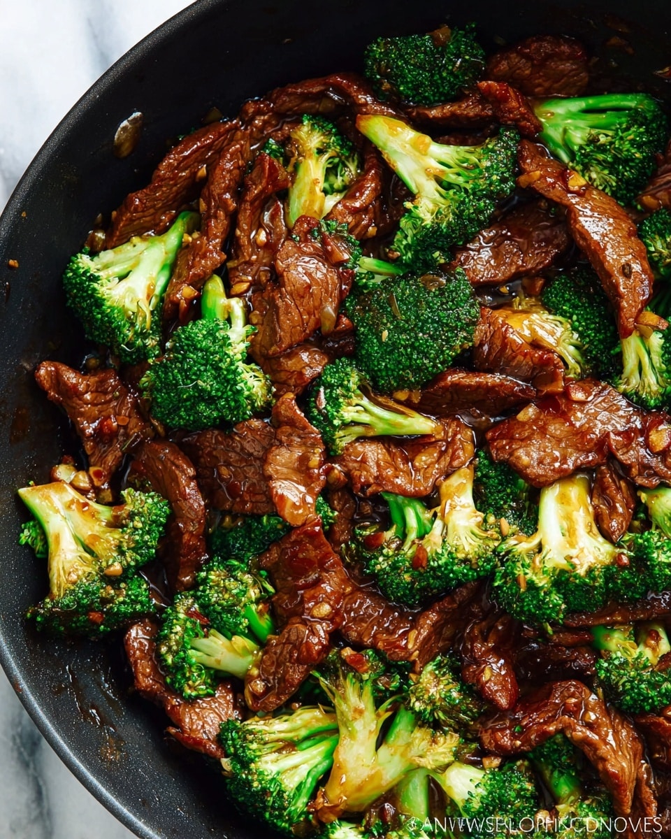 The image shows a close-up of beef and broccoli stir-fry in a black pan, filled with sliced brown beef strips and bright green broccoli florets. The beef looks tender with a slightly glossy texture from a dark savory sauce mixed with small bits of minced garlic and ginger. The broccoli is vibrant green with a crisp texture, contrasting against the rich brown color of the beef and sauce. The dish is well coated with the sauce, giving it a shiny appearance throughout the pan. The background is a white marbled texture. photo taken with an iphone --ar 4:5 --v 7