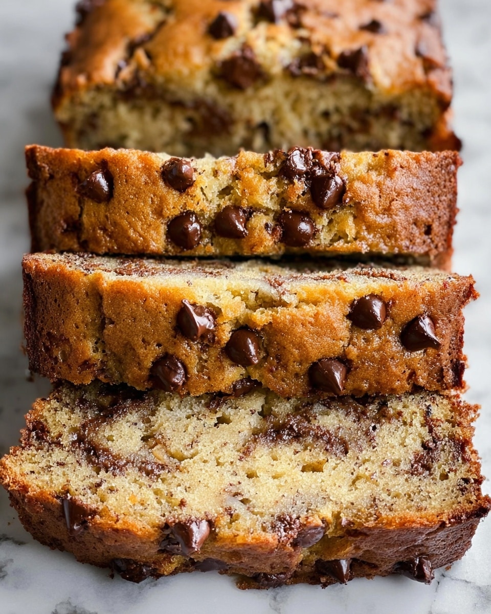 The image shows a close-up of thick slices of chocolate chip banana bread with a light golden brown crust on top. The bread has a soft, moist texture inside with visible small air holes and plenty of melted chocolate chips spread evenly throughout each slice. The top layer of the bread is dotted with chocolate chips that are slightly melted and glossy. The bread slices are stacked closely next to each other, showing the crumbly edges and rich chocolate pockets. The background is a white marbled texture. photo taken with an iphone --ar 4:5 --v 7