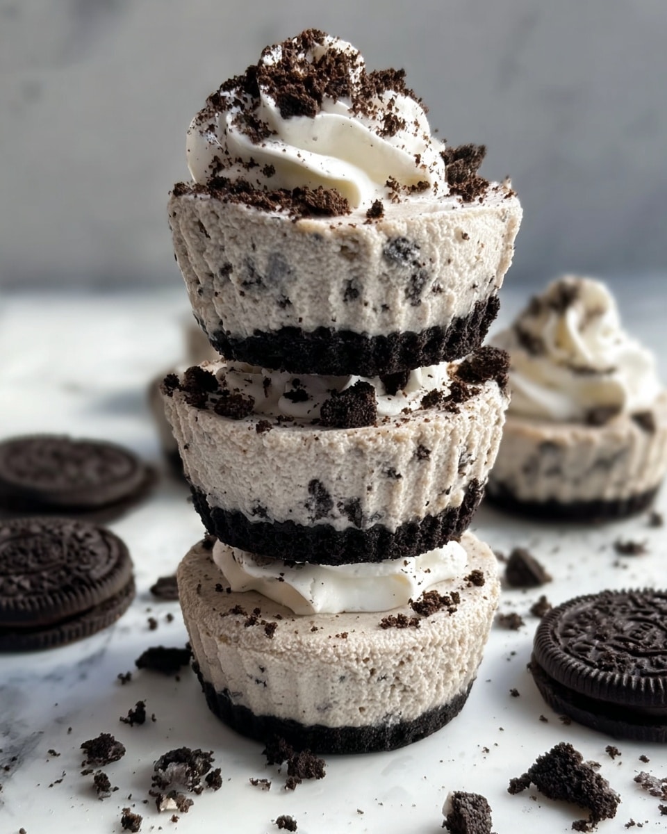 The image shows a close-up of three stacked dessert cups, each layered with a bottom chocolate cookie, a thick middle layer of light cream mixed with cookie crumbs, and topped with more crushed cookie pieces. The dessert has a soft, airy texture with visible air pockets in the cream layer. The stack is placed on a white marbled surface with other similar desserts and whole chocolate cookies blurred in the background. The overall colors are creamy beige and dark brown from the cookies, creating a contrast in the layers. photo taken with an iphone --ar 4:5 --v 7