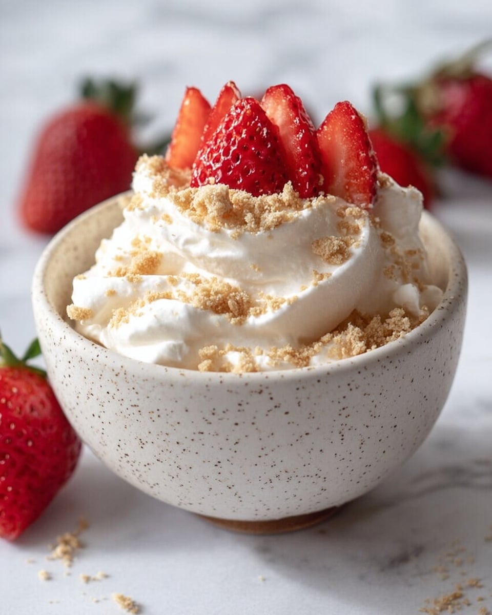 The image shows a white speckled bowl filled with fluffy, white whipped cream topped with pieces of light beige crumbled cookies. On top of the whipped cream and crumbs, there are bright red strawberries arranged in a small group. The bowl sits on a surface with a white marbled texture and in the background, there are some strawberries that are slightly out of focus. photo taken with an iphone --ar 4:5 --v 7