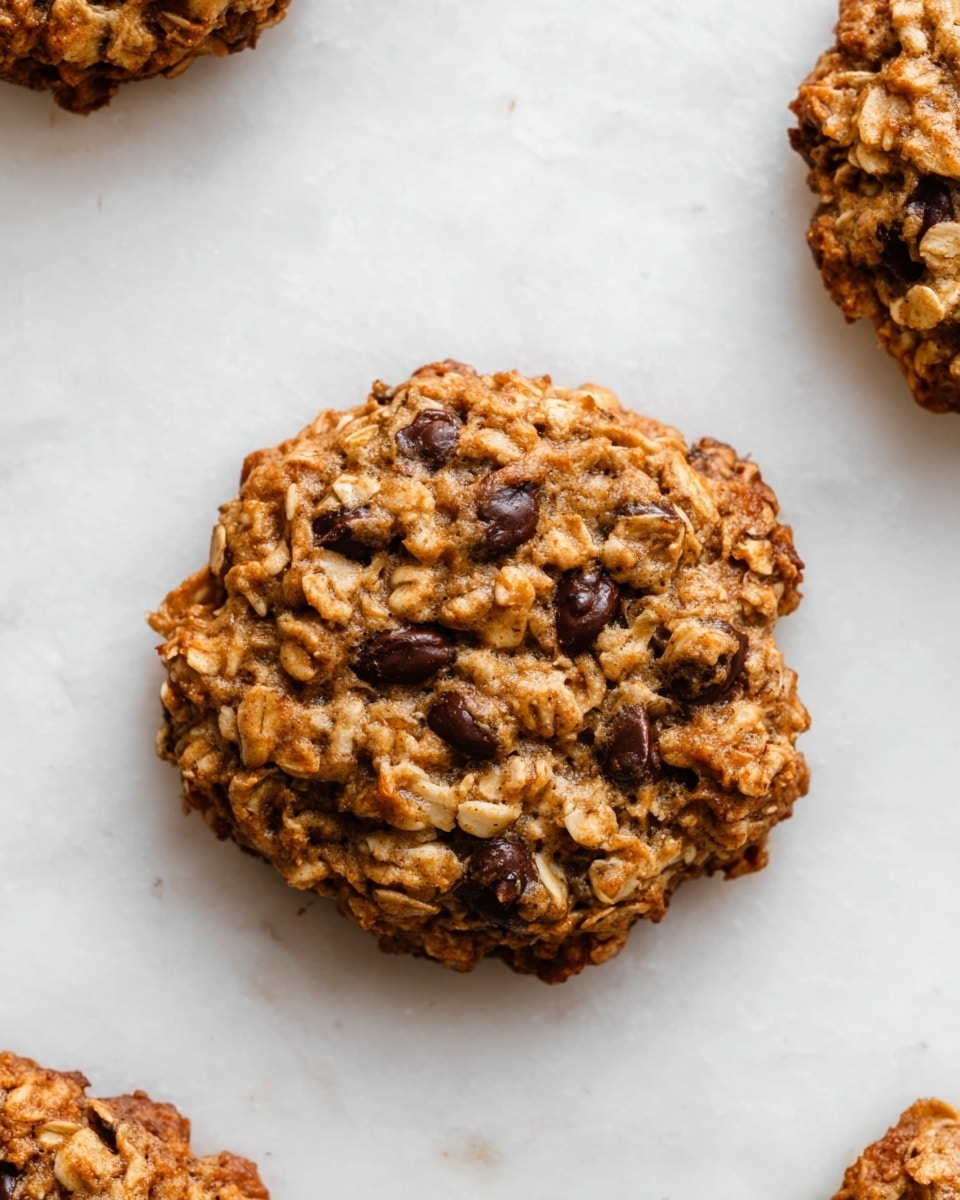 A close-up of a single chunky oatmeal cookie with a rough texture showing visible oats and dark chocolate chips spread throughout. The cookie is thick and unevenly shaped with a golden-brown color and hints of lighter oatmeal pieces mixed in. It rests on a white marbled textured surface with parts of other cookies slightly visible around the edges. photo taken with an iphone --ar 4:5 --v 7