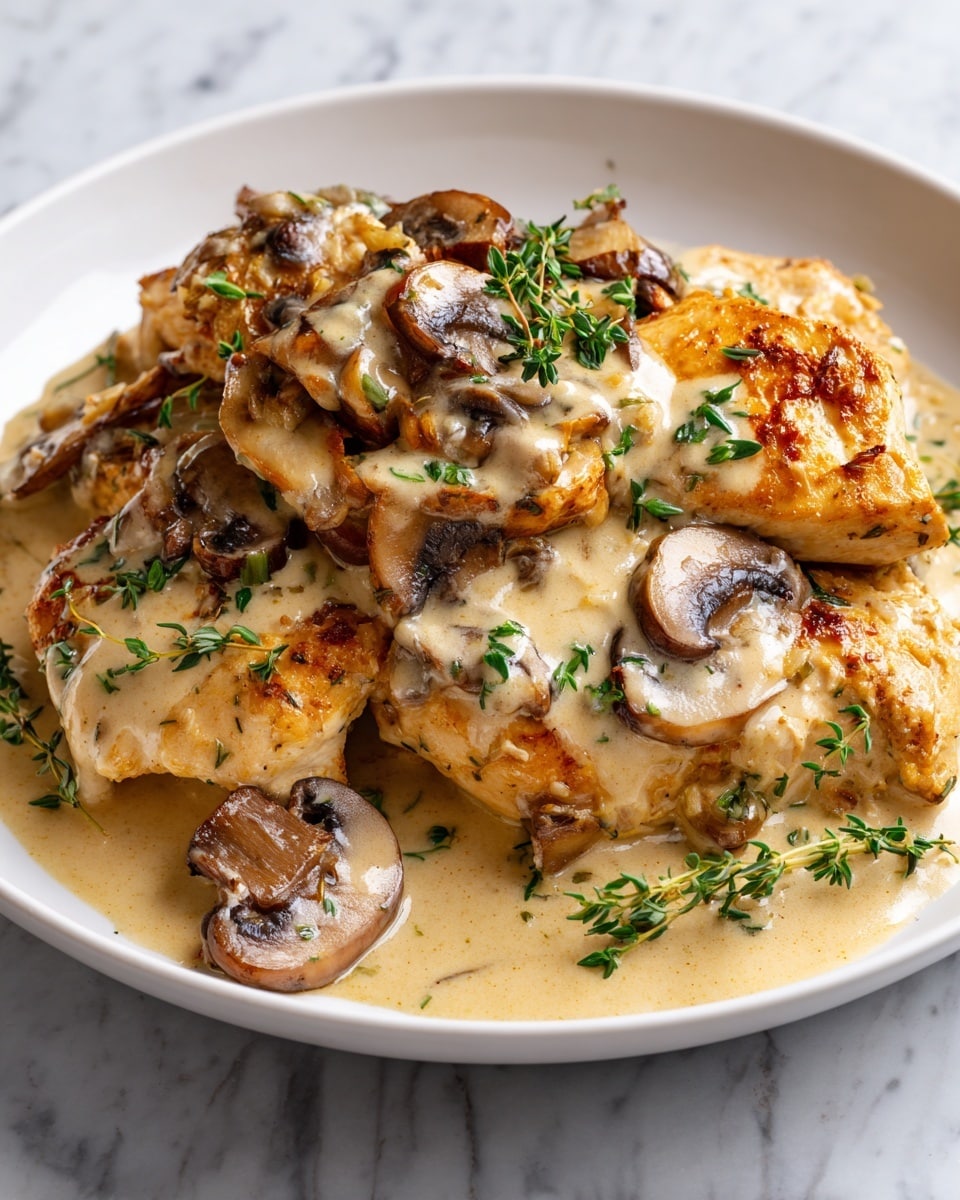 A white plate holds a dish with two main layers: the base layer is golden brown sautéed chicken pieces, tender and slightly crispy at the edges, and the top layer is creamy mushroom sauce with several browned sliced mushrooms scattered across. The sauce is thick, light beige, and glossy, covering the chicken but allowing some golden spots to show. Small green sprigs of fresh herbs, likely thyme, are sprinkled on top and around the mushrooms, adding a fresh, vibrant touch. The plate rests on a white marbled surface. photo taken with an iphone --ar 4:5 --v 7